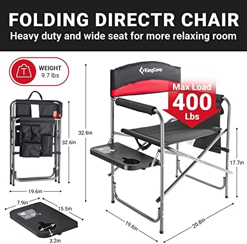 KingCamp Heavy Duty Camping Director Chair, Folding with Side Table & Storage, Red