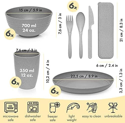 FOODLE Wheat Straw Dinnerware Set - RV, Camping Plates Cups and Bowls Set
