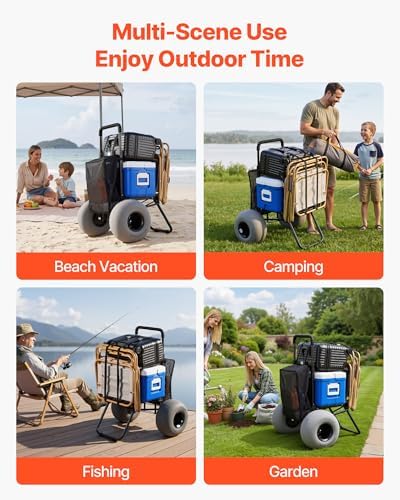 VEVOR Beach Dolly with Big Wheels for Sand, 18" x 15" Cargo Deck, Folding Sand Cart with 12" Balloon Wheels, 165 lbs Loading Capacity & 34" to 45" Adjustable Height, Heavy Duty Cart for Beach Camping