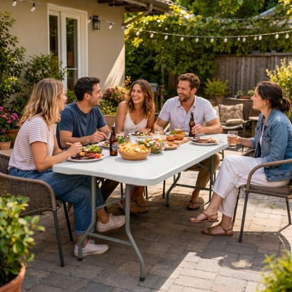 HAISIWLKJ Folding Table 5 FT Camping Table Portable Heavy Duty Plastic Rectangular Outdoor Dining Table Steel Legs Fold-in-Half with Carrying Handle for Indoor,Picnic,Party,Wedding,Events(White)
