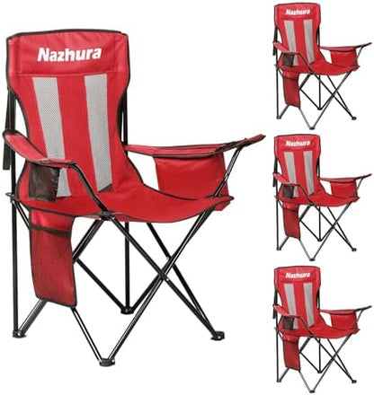 Nazhura 4 Pack Outdoor Camping Chairs Folding/Foldable/Portable with Cooler Pouch, Mesh Backrest and Cup Holder Pocket (Red, Metal, 4 Pack)