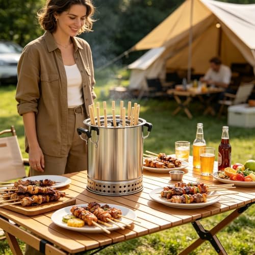 Outdoor Stainless Charcoal Grill Barrel with 16 Skewers