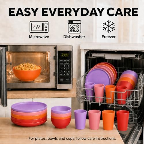 28 Piece Plates and Bowls Sets for 4, Kitchen Dinnerware Sets, Plastic