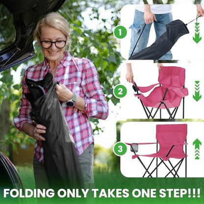 2 Pack Portable Camping Chairs Folding Lawn Chair Outdoor Lightweight Beach Chair with Cup Holder & Carry Bag for Outside Sports, Fishing, Hiking, Travel, Picnic, Backyard (Pink, Medium)