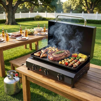 25.6'' Gas Griddle Flat Top Grill with Lid, 3-Burner Tabletop Portable Propane Griddle for Outdoor Cooking, BBQ, Camping & Tailgating Barbecue, 45,000BTU Output