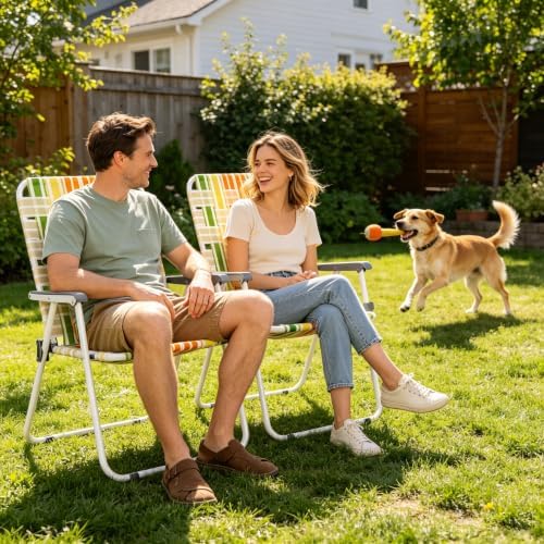 Folding Patio Lawn Webbed Chair Set of 2 - Classic Outdoor Portable Camping Chairs Stable Metal for Camping, Garden, Pool, Beach, Backyard and BBQ Rainbow