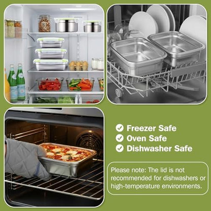 8 Pcs 304 Stainless Steel Food Storage Containers with Lids Leakproof, Reusable Airtight Meal Preparation Container Round and Square Stackable Food Container for Kitchen Picnic(Green Lids)