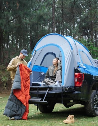 JOYTUTUS Truck Tent, Portable Truck Bed Tent for 5.5'-5.8' with Rainfly, Truck Tent with Fiberglass Pole, Waterproof PU2000mm Double Layer for 2 Person - Blue