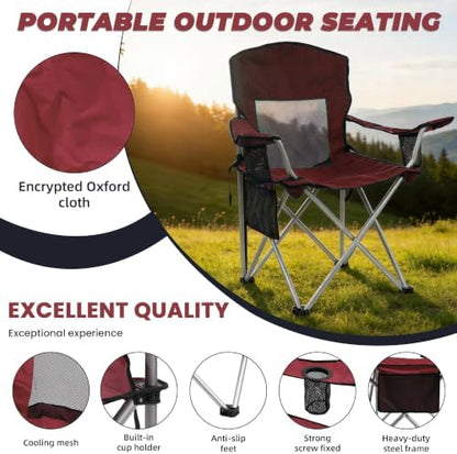 HULKFIT 2 Pack Folding Camping Chair – Heavy Duty Portable Outdoor Beach Chair for Adults with Breathable Mesh Back, Cup Holder & Carry Bag – Ideal for Backyard, Tailgating, Hiking & Travel,Burgundy
