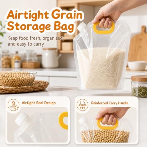 Airtight Grain Storage Bags with Handle - Cereal Containers with Pour Spout, Reusable Rice Food Sealed Container (15PCS,Small-70 OZ)