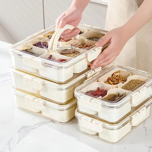 Divided Veggie Tray with Lid and Handle 8 Compartment Serving Tray with Dividers Portable Travel Snack Containers Stackable Snackle Box Charcuterie Container for Fruit,Vegetable,Salad