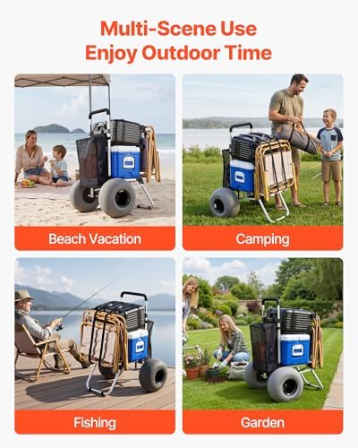 VEVOR Beach Dolly with Big Wheels for Sand, 20" x 15" Cargo Deck, Folding Sand Cart with 12" Balloon Wheels, 165 lbs Loading Capacity & 34" to 46" Adjustable Height, Heavy Duty Cart for Beach Camping