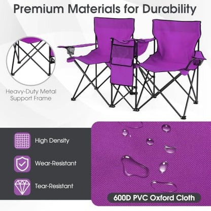 Goplus Double Camping Chairs with Umbrella, Cooler for Beach Patio