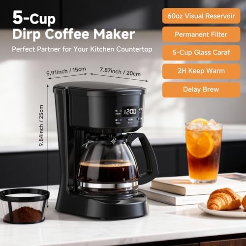 Coffee Maker, 5 Cup Programmable Drip Coffee Machine-Black