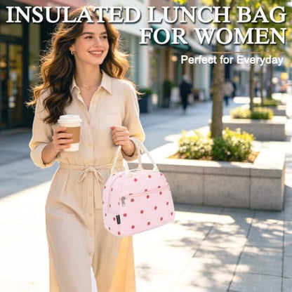 FlowFly Insulated Lunch Bag for Women – Corduroy Lunch Tote Box, Cute Cooler Bag for Work, Travel, Picnic,Corduroy Strawberries Pink