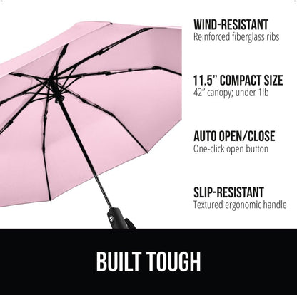 GORILLA GRIP Strong Stick Umbrella for Rain, Compact Travel One-Click Automatic Open Close, Lightweight, Portable, US Designed Reinforced Fiberglass Ribs, Wind Resistant, Easy Collapse, Pink