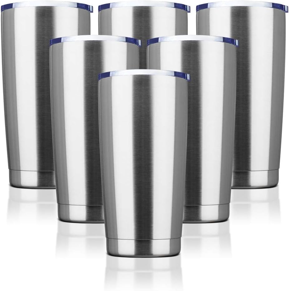 20oz Tumbler Bulk Stainless Steel Vacuum Insulated Tumblers with Lid Double Wall Travel Mug, Powder Coated Coffee Cup, Suitable for Ice Drinks and Hot Beverage(Stainless steel 6pack)