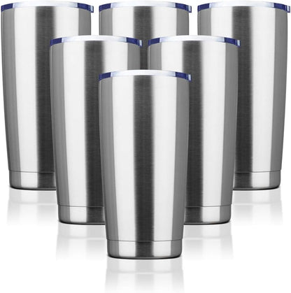 20oz Tumbler Bulk Stainless Steel Vacuum Insulated Tumblers with Lid Double Wall Travel Mug, Powder Coated Coffee Cup, Suitable for Ice Drinks and Hot Beverage(Stainless steel 6pack)