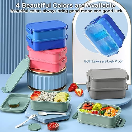 DaCool Bento Box Adults Lunch Container - 74 OZ Stackable Leakproof Bento Lunch Box for Adults Men Boys Teens Large Lunch Box Containers with Fork Spoon Sauce Boxes for Work School Dining Out, Blue