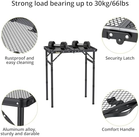 Anbte Folding Grill Table, Aluminum Camping Table Adjustable Height Max 27.5" Picnic Table Outdoor Table, Lightweight, Portable Handle for Travel Cooking BBQ Picnic, 22.8" x 16", Black