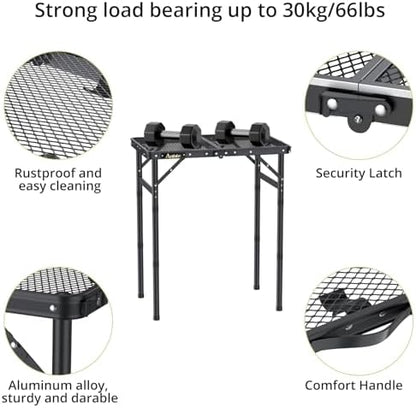 Anbte Folding Grill Table, Aluminum Camping Table Adjustable Height Max 27.5" Picnic Table Outdoor Table, Lightweight, Portable Handle for Travel Cooking BBQ Picnic, 22.8" x 16", Black
