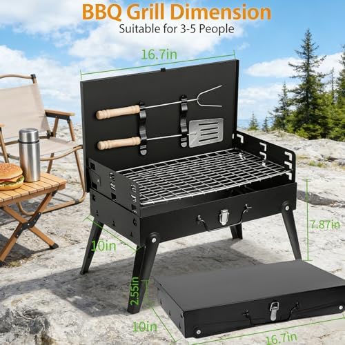 Mini Portable Charcoal Grill, Foldable Camping Mini Grill for Outdoor Cooking, Compact Design Barbecue Accessories with Barbecue Tools, Perfect for Beach, Backyard, Picnics