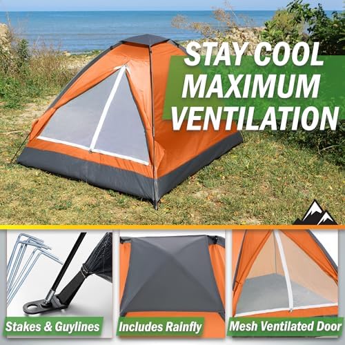 2 Person Camping Tent with Rain Fly and Carrying Bag - Lightweight Outdoor Pop Up Tents for Camping Essentials, Music Festivals, Backpacking, Hiking, or Beach Shelter by Wakeman Outdoors
