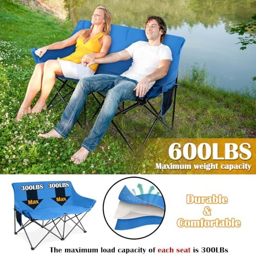 HaSteeL Folding Camping Chair, Portable Double Outdoor Loveseat for 2 Adults Person, Durable Foldable Collapsible Chairs for Camp Patio Picnic Beach Travel, Support 600Lbs, for Women & Men, Blue