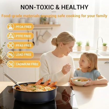 Ammeloo 21-Piece Ceramic Pots and Pans Set Non Stick with Detachable Handles and Egg Frying Pan, Non-Toxic Cookware, Induction Ready, Oven Safe, Stackable for Storage, Black Speckled