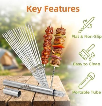 25 Pack Flat Non-Slip Stainless Steel Skewers