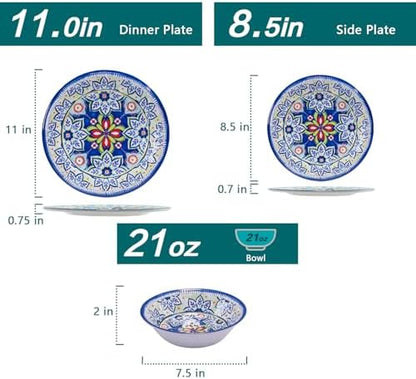 12-Piece Blue Melamine Dinnerware Set, Service for 4, Unbreakable Kitchen Plate and Bowl Set for Indoor & Outdoor Use, Lightweight and Durable, Great for Camping, Picnics, Parties and RVs