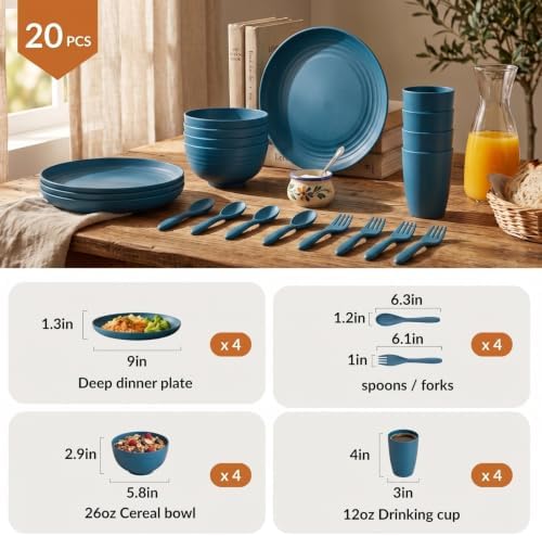 Wheat Straw Dinnerware Sets, Homienly 20pcs Unbreakable Microwave Dishwasher Safe Tableware Lightweight Bowls, Cups, Plates Set Reusable Dinner Plates Bowls set (Blue)