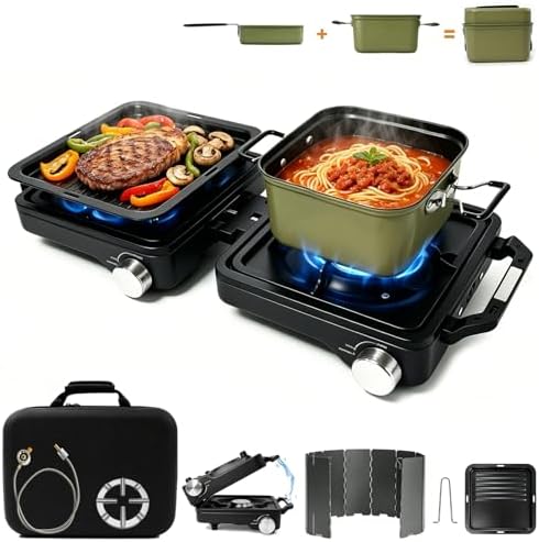 2 Burner 24000 BTU Propane Camping Stove, Foldable Camp Stove with 2-in-1 Frying Pan & Pot, Adjustable Burner Dual Gas Stove,Camp Cooking Set with Windshiel, Carry Bag for Tailgating, Picnic, Black