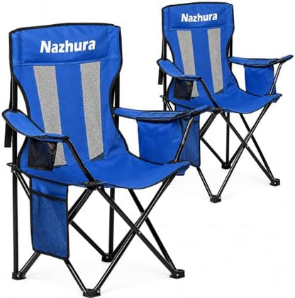 Nazhura 2 Pack Outdoor Camping Chairs Folding/Foldable/Portable with Cooler Pouch, Mesh Backrest and Cup Holder Pocket (Blue, Metal, 2 Pack)