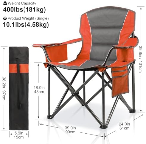 Oversized Padded Camping Chairs for Adults,Heavy Duty Support 400 Lbs,Folding Portable Lawn Chair w/Cup Holder,Cooler Bag,Side Pocket,Perfect for Outdoor Picnic,Hiking(Orange)
