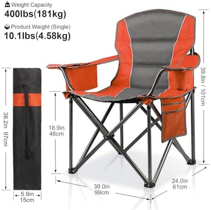 Oversized Padded Camping Chairs for Adults,Heavy Duty Support 400 Lbs,Folding Portable Lawn Chair w/Cup Holder,Cooler Bag,Side Pocket,Perfect for Outdoor Picnic,Hiking(Orange)