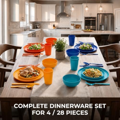 28 Piece Plates and Bowls Sets for 4, Kitchen Dinnerware Sets, Plastic