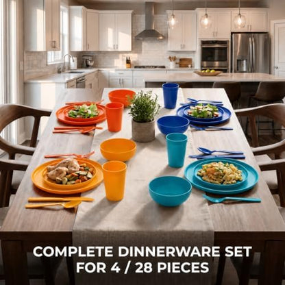 28 Piece Plates and Bowls Sets for 4, Kitchen Dinnerware Sets, Plastic