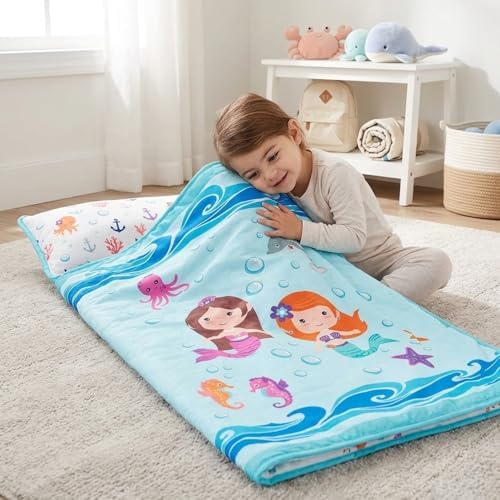 EVERYDAY KIDS Toddler Nap Mat with Removable Pillow -Underwater Mermaids- Carry Handle with Fastening Straps Closure, Rollup Design, Soft Microfiber for Preschool, Daycare Sleeping Bag, Ages 2-6 years