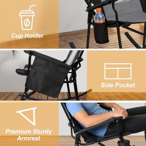 Romswi 2 Pack Folding Rocking Camping Chairs for Adults, Heavy Duty Outdoor Rocker with Breathable Mesh Back, Hard Armrests, Cup Holder, Supports 400 lbs for Patio, Lawn, Beach, Black