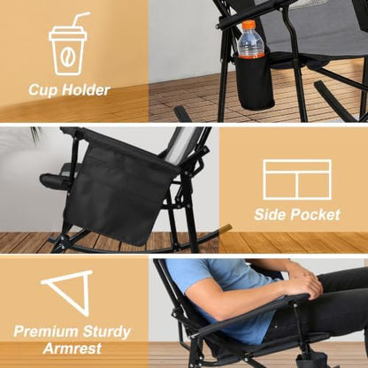 Romswi 2 Pack Folding Rocking Camping Chairs for Adults, Heavy Duty Outdoor Rocker with Breathable Mesh Back, Hard Armrests, Cup Holder, Supports 400 lbs for Patio, Lawn, Beach, Black