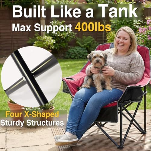 Oversized Camping Chair for Adults - Heavy Duty 400 lbs Padded Folding Chair with Wine Glass Holder, 2 Cup Holders & Side Pockets, Portable Carry Bag for RV, Tailgating, Lawn