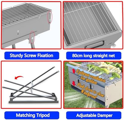 Portable Charcoal Grills, Alloy Steel BBQ Grill with Foldable Stand Adjustable Air Vents, Kebab Skewer BBQ Barbecue Grill Kit for Garden Backyard Party Picnic Travel Outdoor Use (31.6x7.1inch)
