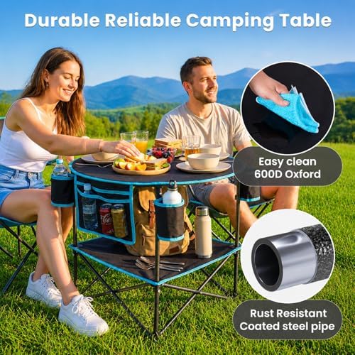 FUNDANGO Portable Folding Camping Table with 4 Cup Holders, 2-Tier