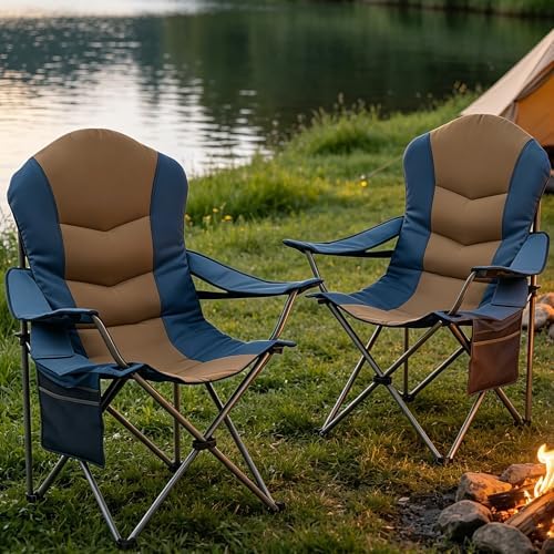 2 Pack Folding Camping Chairs for Adults - High Back Padded Outdoor Lawn Chairs with Lumbar Support & Cup Holder, 400lbs Heavy Duty Portable Camping Chairs Set (Blue & Brown, 2 PCS)
