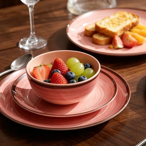 Melamine Dishware Sets, Unbreakable Dinnerware Sets for 4, Pink Swirled