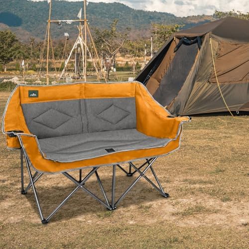 Northroad Folding Loveseat Camping Chair Portable Double Duo Full Padded Garden Sofa Chair for 2 Person w/ 2 Cup Holder,Wine Glass Holder,Support 600lbs for Outdoor Travel (Orange)