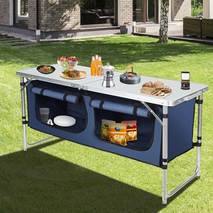 Outdoor Folding Camping Table with Storage Organizer(Blue)