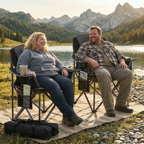 Oversized Padded Camping Chairs for Adults,Heavy Duty Support 400 Lbs,Folding Portable Lawn Chair w/Cup Holder,Cooler Bag,Side Pocket,Perfect for Outdoor Picnic,Hiking(Black)