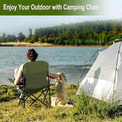 2PCS Folding Camping Collapsible Chairs Heavy Duty Lawn Chair with Cooler Bag, Storage Pocket, Waterproof Bag Outdoor Arm Chair, Supports 225LBS, Green